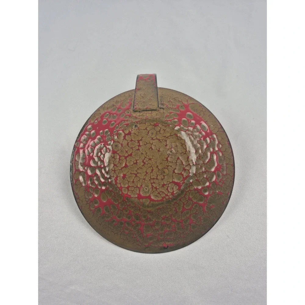 Vintage MCM Enamel Copper Candle Holder Red Gold Lava Glaze Chamberstick 4.5
